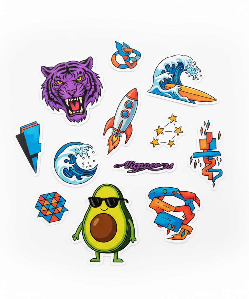 Custom die-cut vinyl stickers in various sizes, UV printed with vibrant colors