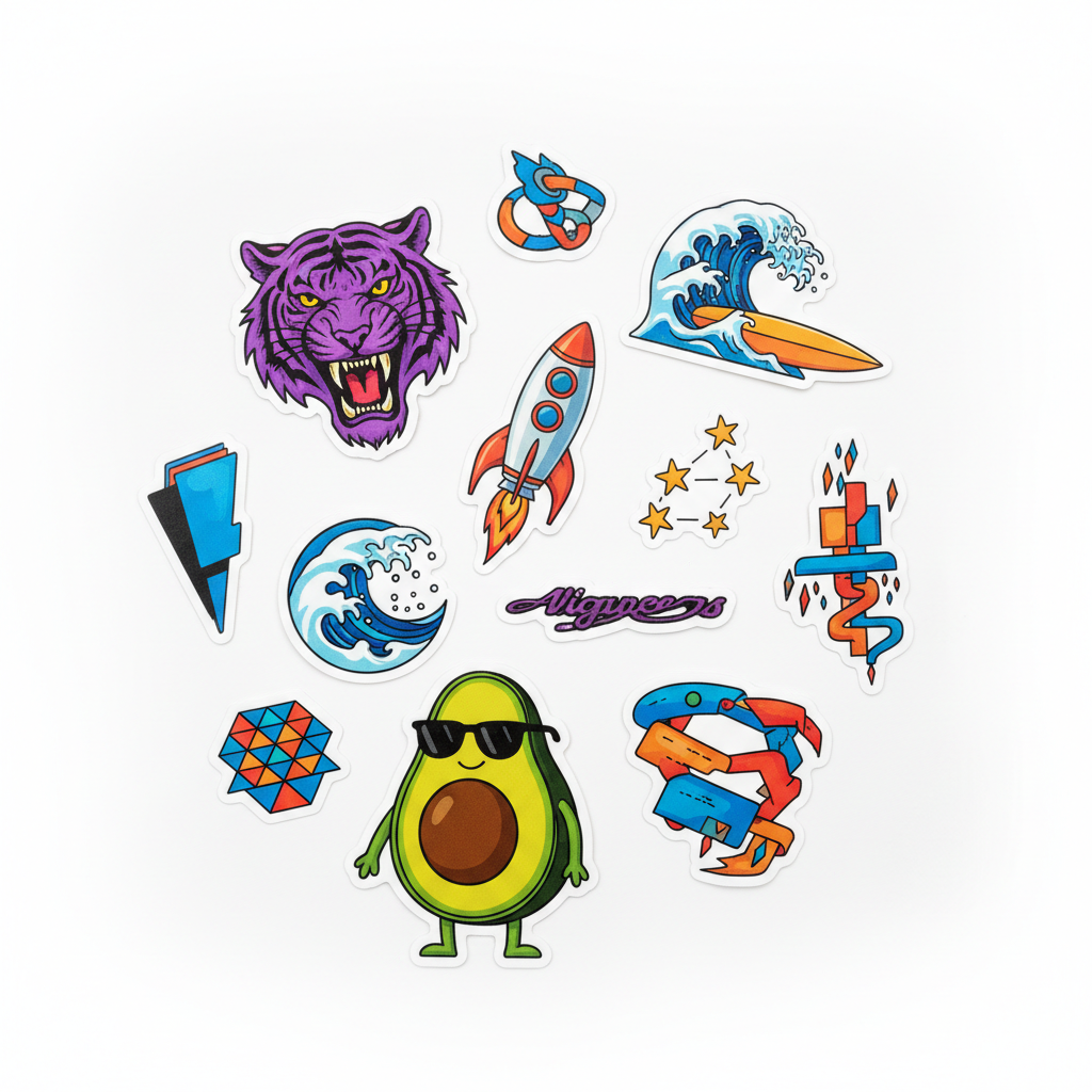 Custom die-cut vinyl stickers in various sizes, UV printed with vibrant colors