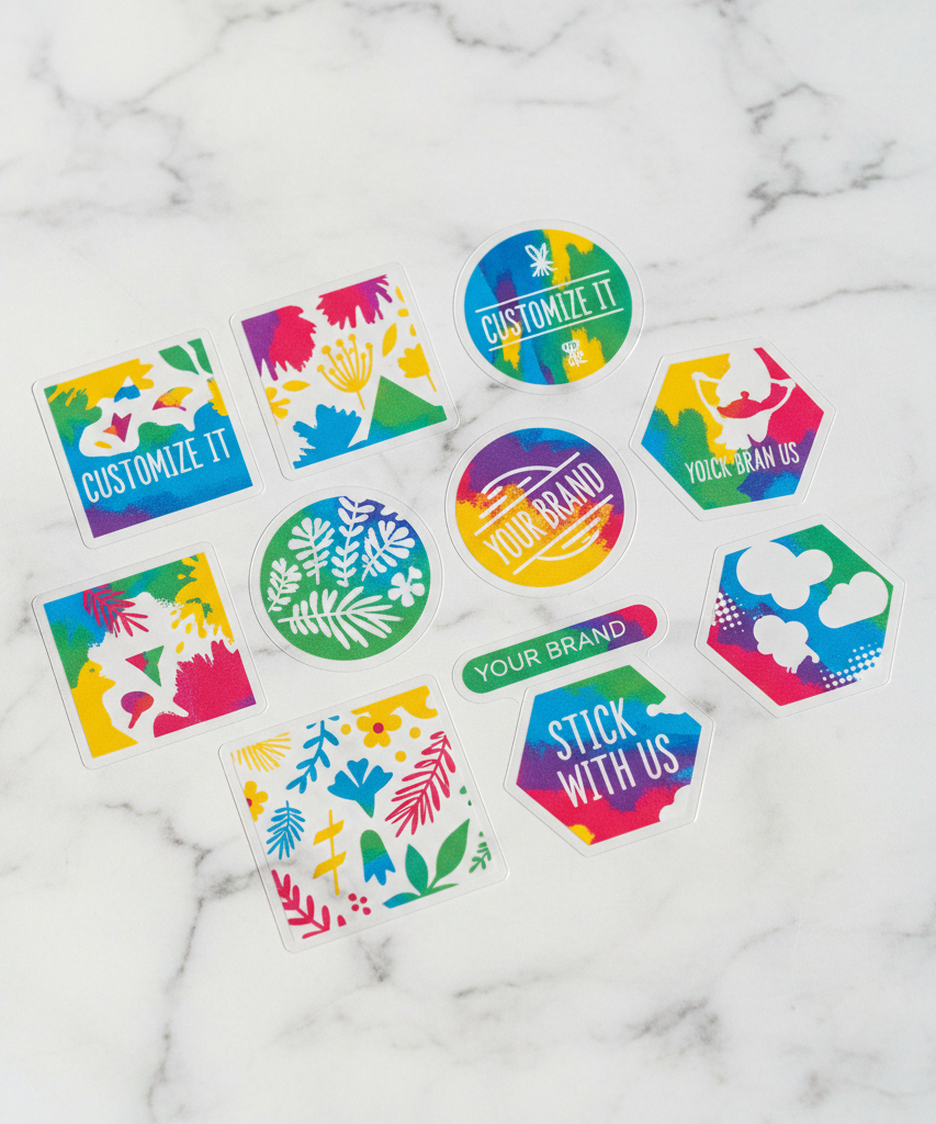 Custom transparent clear vinyl stickers in square, round and hexagon shapes, UV printed