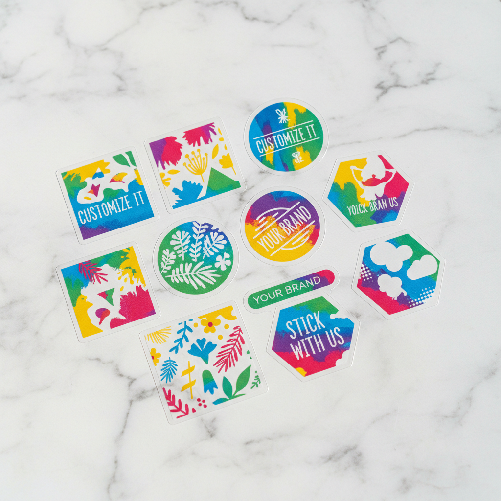 Custom transparent clear vinyl stickers in square, round and hexagon shapes, UV printed