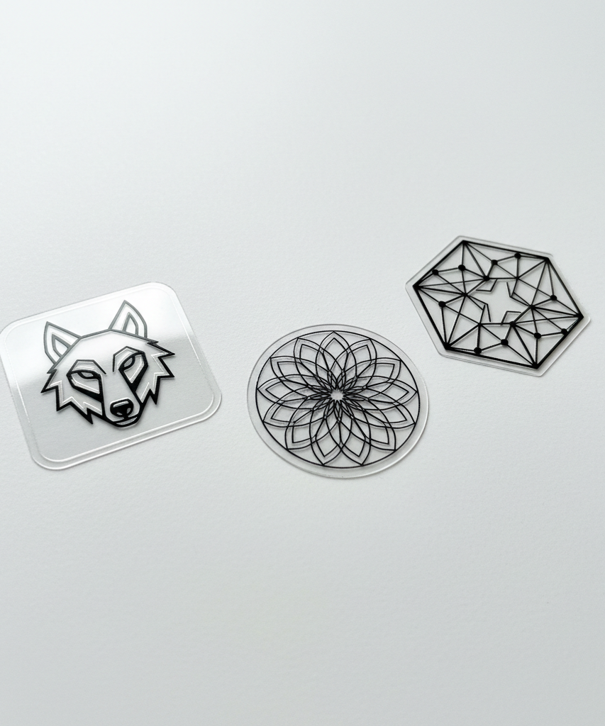 3 custom transparent spot gloss stickers in square, round and hexagon shapes showing clear vinyl base with selective UV gloss coating