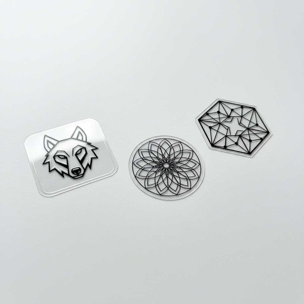 3 custom transparent spot gloss stickers in square, round and hexagon shapes showing clear vinyl base with selective UV gloss coating